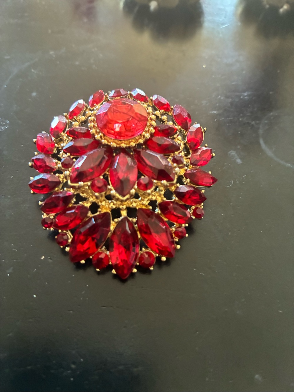 Gold-Tone Vintage Style Red Crystal Brooch - Statement Women’s Jewelry